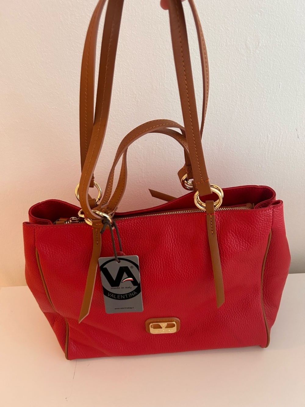 Valentina Red Tote with Tan Shoulder Straps